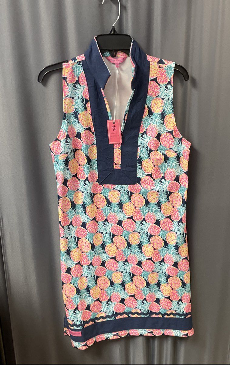 Simply Southern Women's Pineapple Tunic Dress Pink Navy Sleeveless Rickrack Sz S