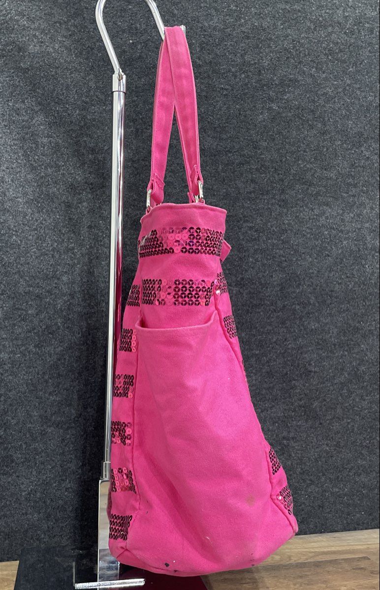 Victoria's Secret Pink Canvas Sequin Stripe Tote Bag Large Silver Hardware