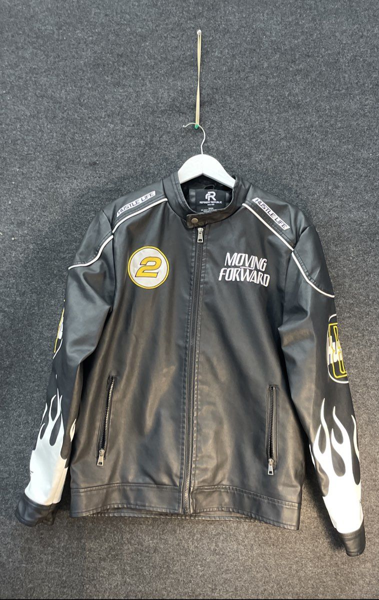 Refinery Republic Men's Black Faux Leather Moto Racer Jacket Hustle Life Sz M