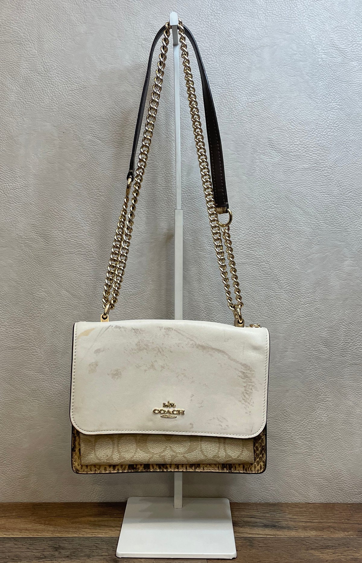 Coach White Leather Signature Canvas Snake Print Parker Shoulder Bag Gold 1424