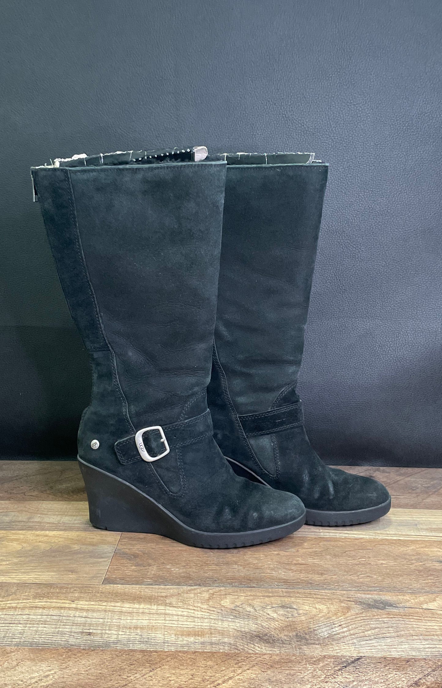 UGG Australia Seline Black Suede Tall Wedge Boots Women's Size 8