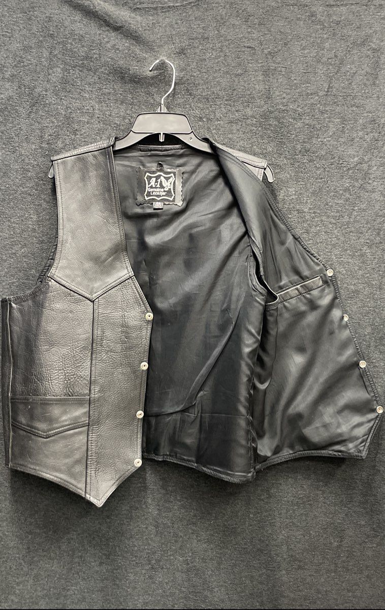 A-1 Men's Black Genuine Leather Western Biker Motorcycle Snap Front Vest Sz 48
