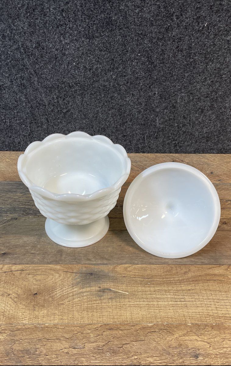 Pressed Milk Glass White Lot 2 Lidded Candy Dish & Small Ruffled Bowl Vintage