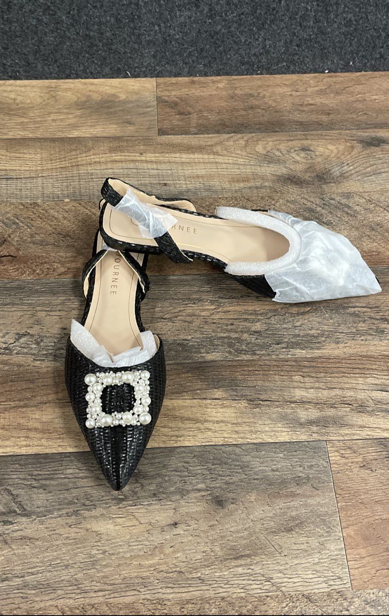 Journee Collection Hannae Black Woven Pearl Buckle Slingback Flats Size 8.5 DS