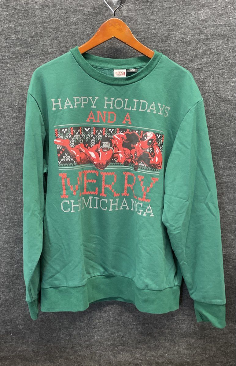 Marvel Men's Deadpool Green Merry Chimichanga Christmas Ugly Sweatshirt Sz L