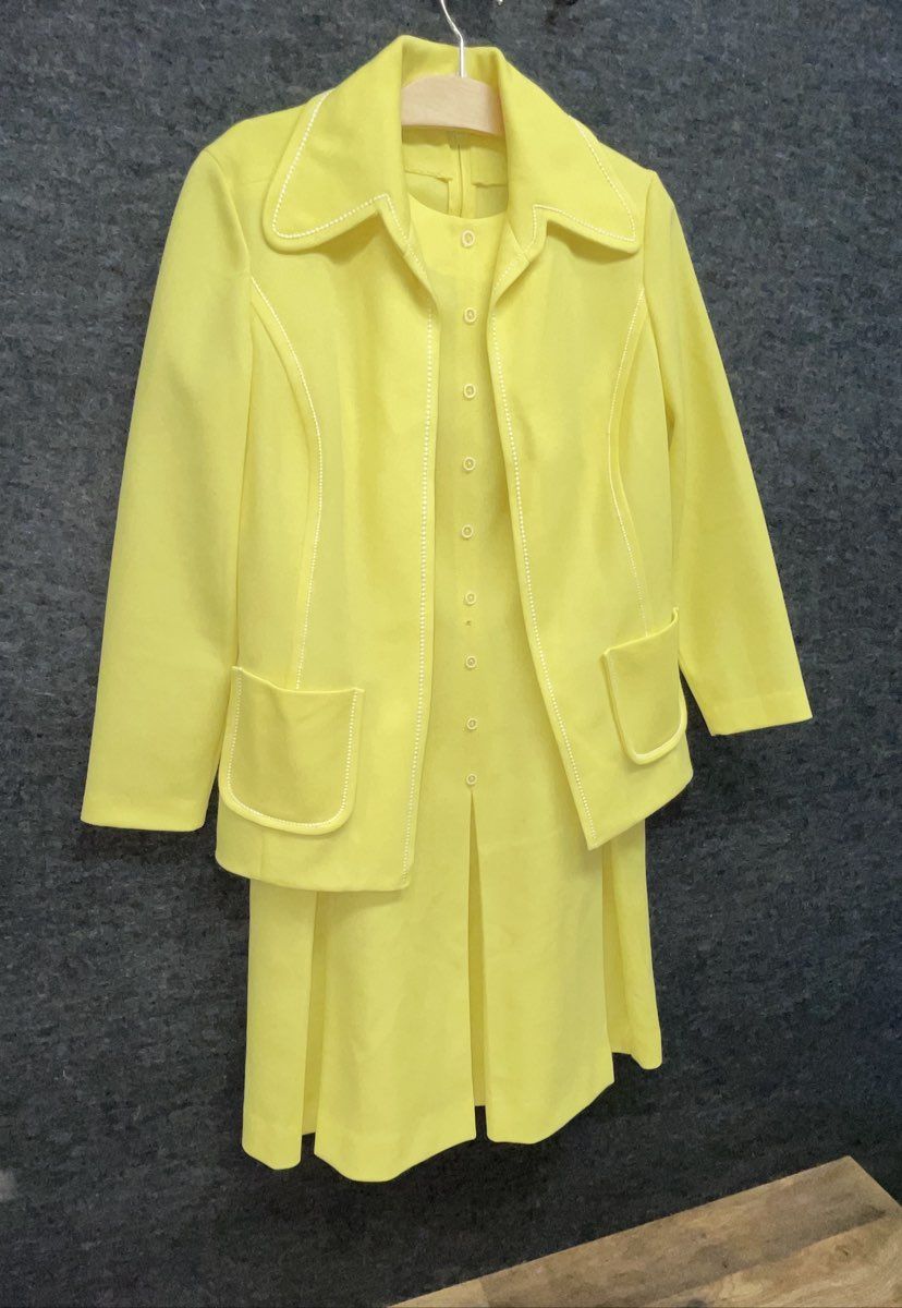 Vintage 70s Women's Yellow 2-Piece Suit Dress and Jacket Set Sz L