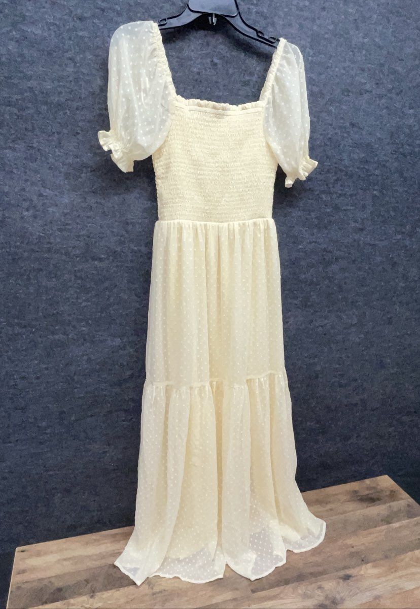 Patrons of Peace Women's Yellow Swiss Dot Smocked Puff Sleeve Maxi Dress Sz S