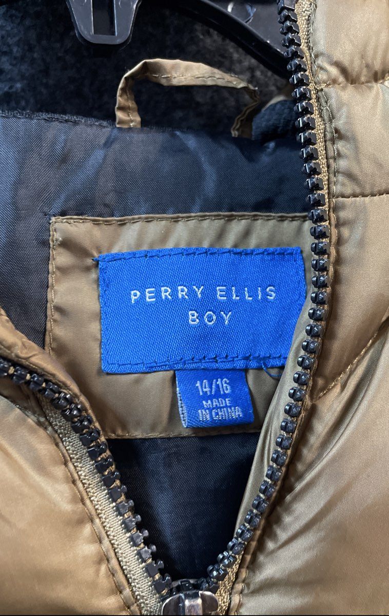 Perry Ellis Boy's Tan Brown Hooded Puffer Jacket Chevron Quilted Sz 14/16
