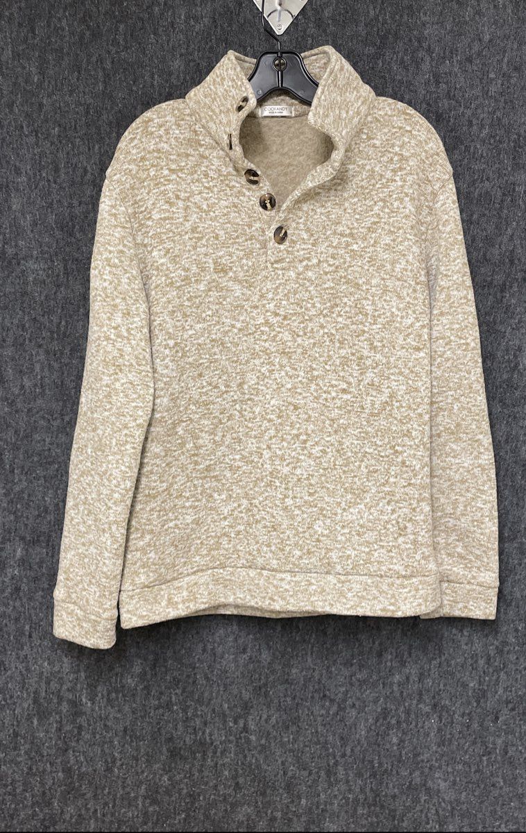 Coofandy Men's Tan White Marled Quarter Button Mock Neck Sweater Sz S