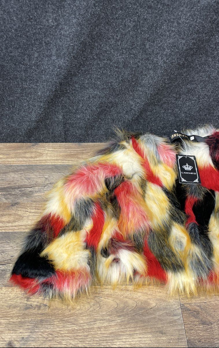 Lanshifei Women's Red Yellow Black Shaggy Faux Fur Patchwork Crop Jacket NWT S