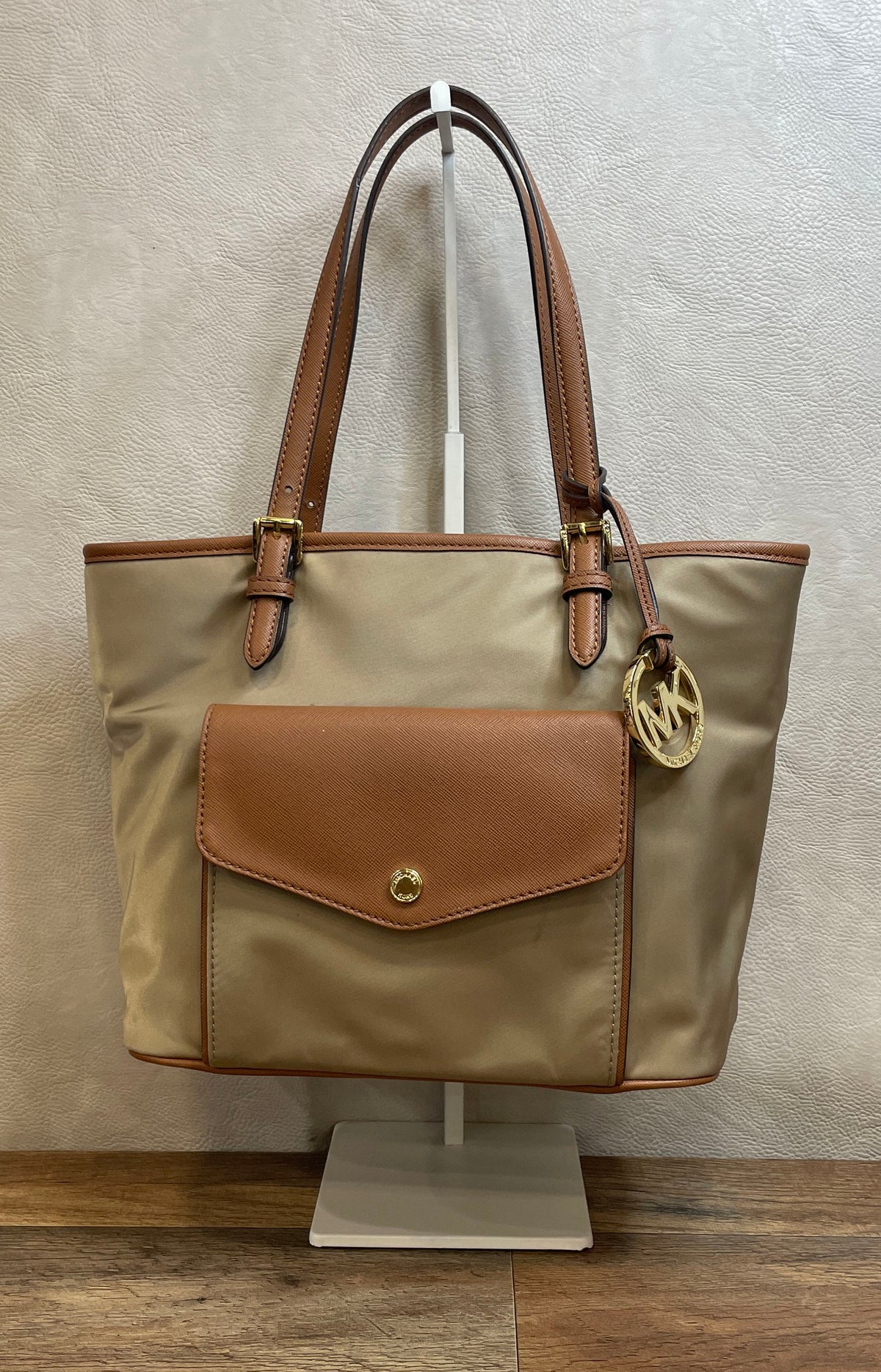 Michael Kors Beige Nylon Brown Leather Trim Tote Bag Gold Hardware MK Charm