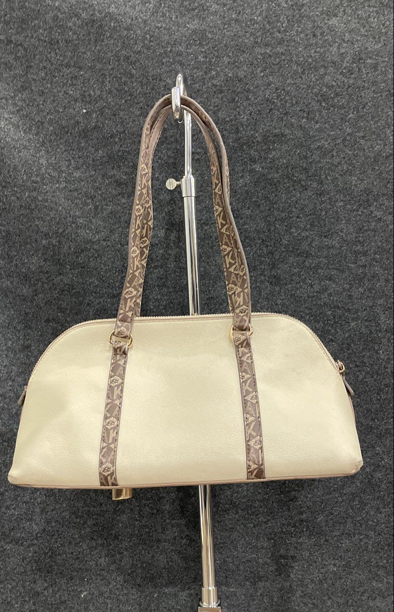 Anne Klein White Pebbled Leather Monogram Strap Shoulder Bag Gold Hardware