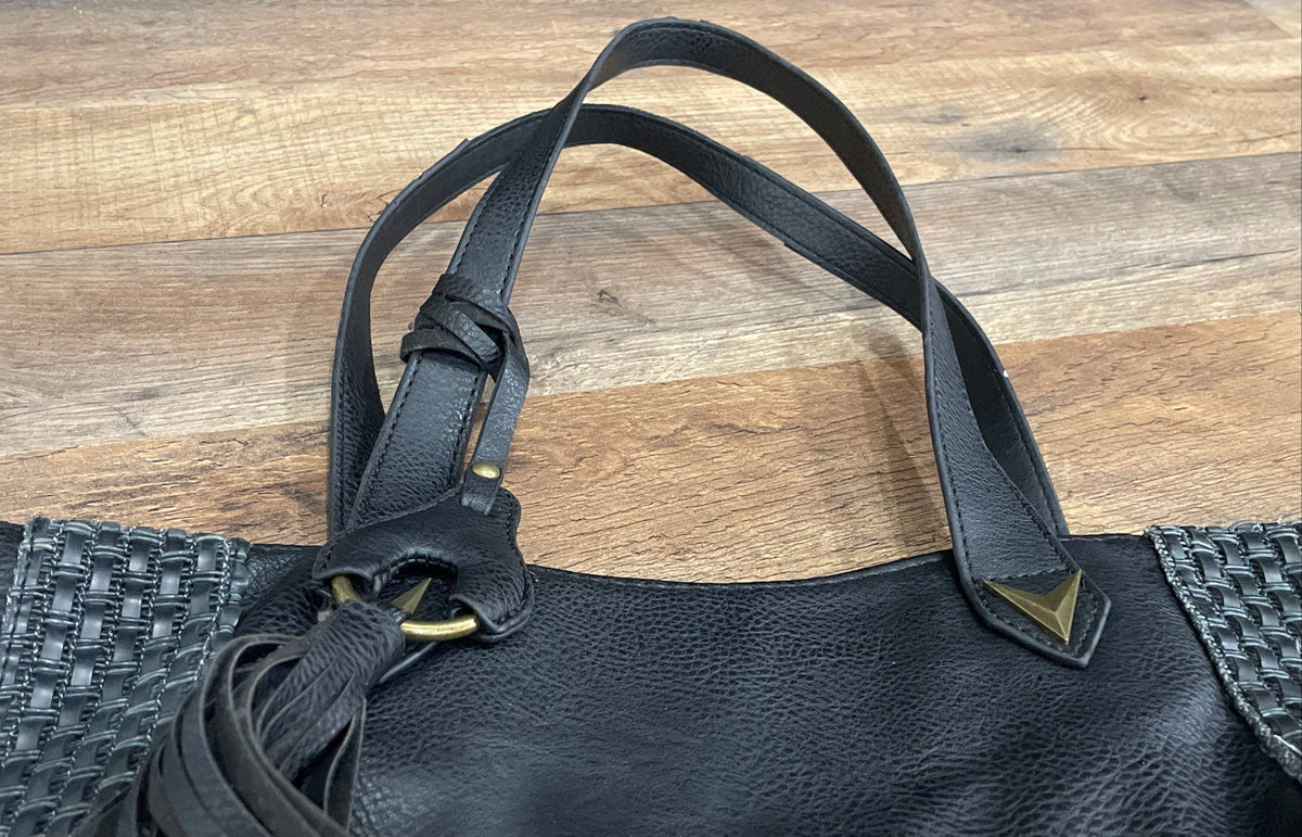 Darcy Marks London Black Leather Large Woven Tote Bag Tassel Shoulder Purse
