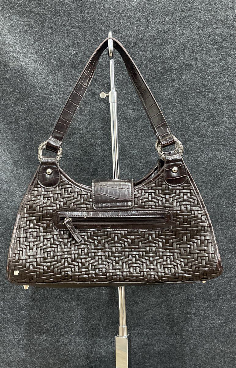 Coldwater Creek Brown Woven Leather Hobo Bag Croc Trim Silver Heart Medallion