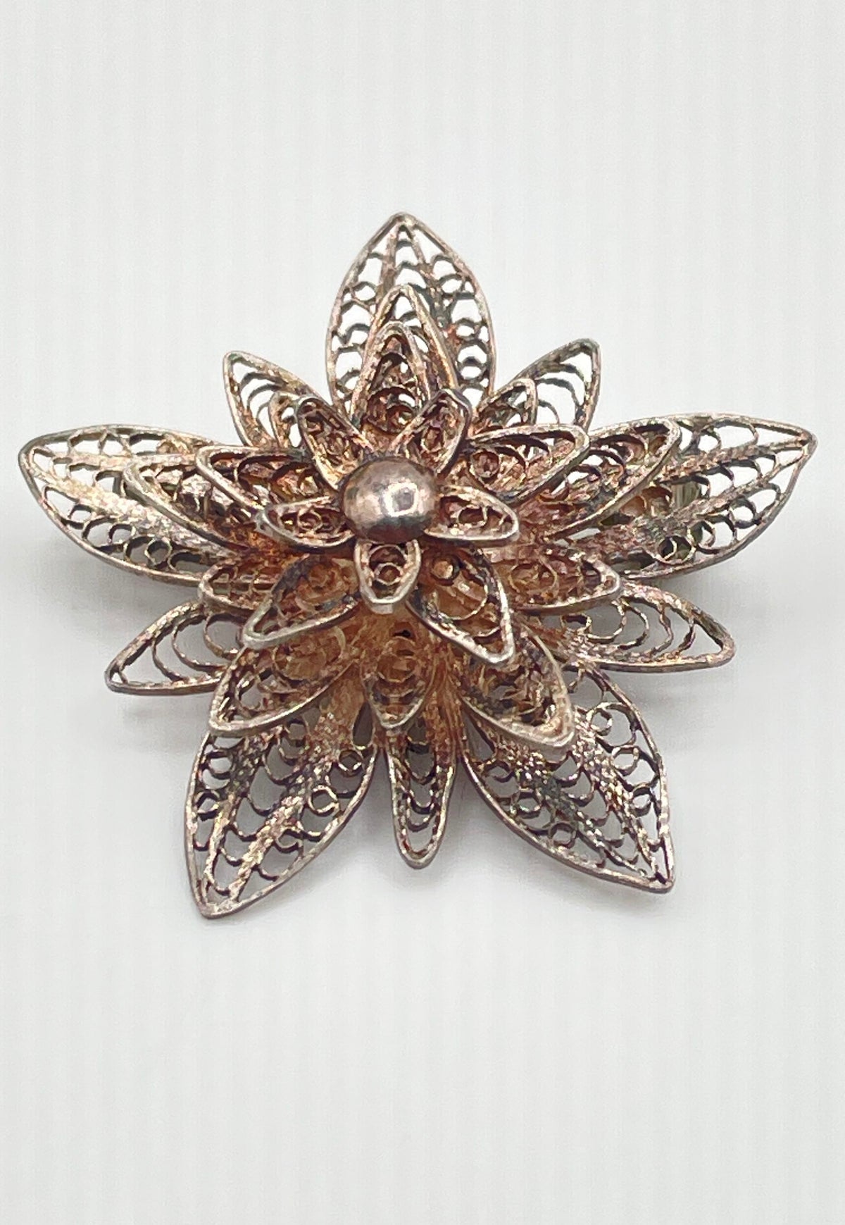 925 Sterling Silver Multi-Layered Openwork Filigree Flower Brooch Pin 3.9g
