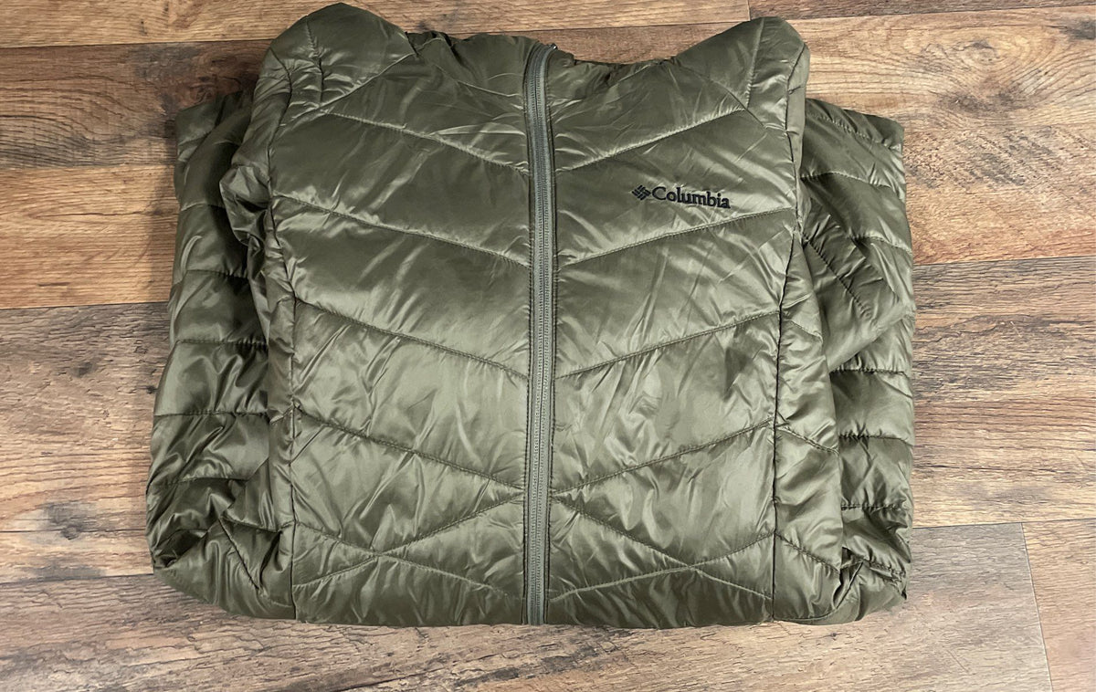 Columbia Women's Joy Peak Mid Hooded Jacket Olive Green Omni-Heat Puffer Sz S