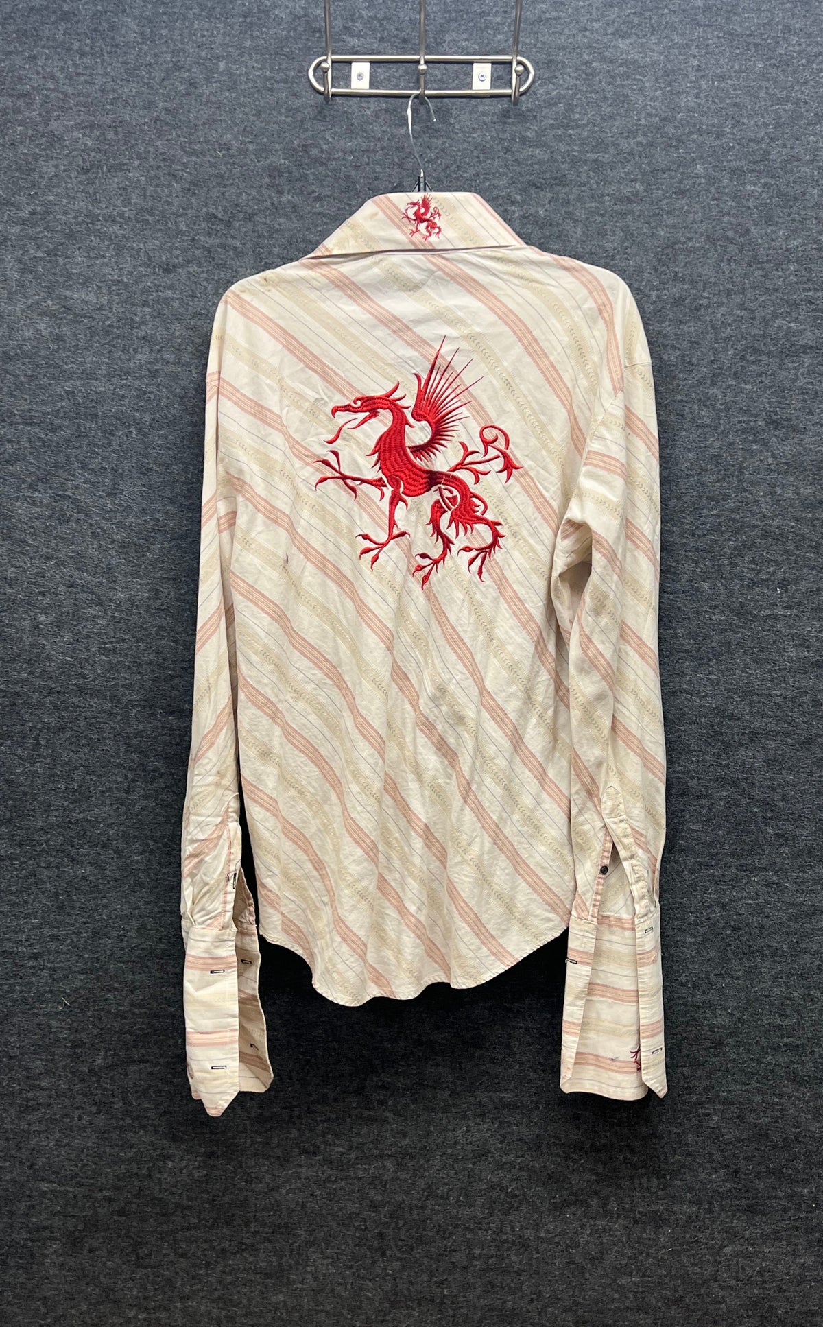 Vintage Dante Gianni Men's Red Dragon Embroidered Striped Shirt Sz L