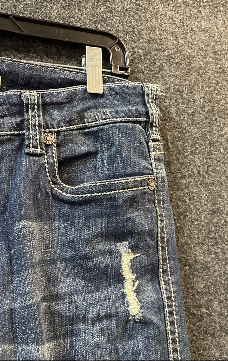 Stetson Women's Blue Distressed Rhinestone Flap Bootcut Jeans Sz 10
