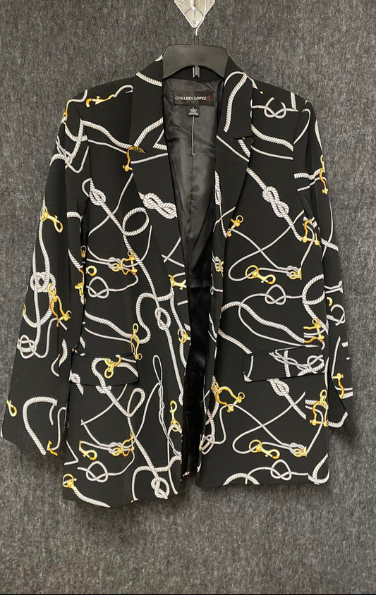 Colleen Lopez Women's Black Nautical Rope Print Blazer Gold Hardware Sz L