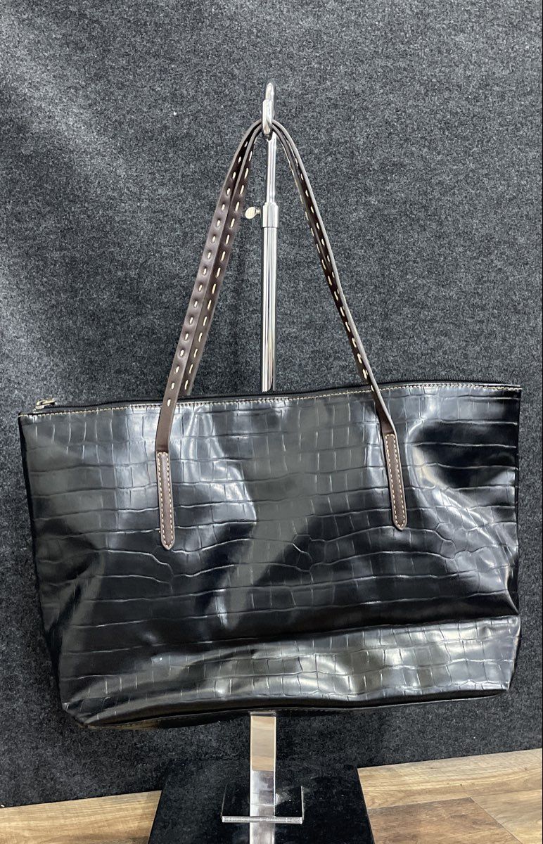 St. Johns Bay Black Croc Embossed Leather Tote Bag Large Shoulder Bag
