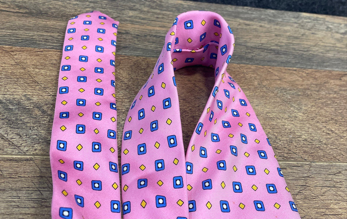 Lauren Ralph Lauren Men's Pink Blue Geometric Square Diamond Pattern Silk Tie