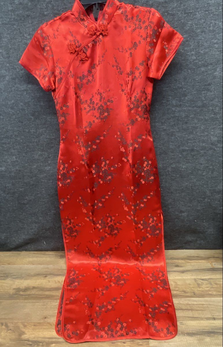 Tangyu Women's Red Floral Satin Mandarin Collar Cheongsam Qipao Dress Size M