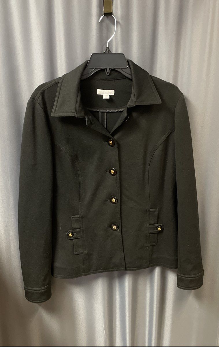 Charter Club Women's Black Knit Jacket Gold Button Pockets Elastic Back Sz M