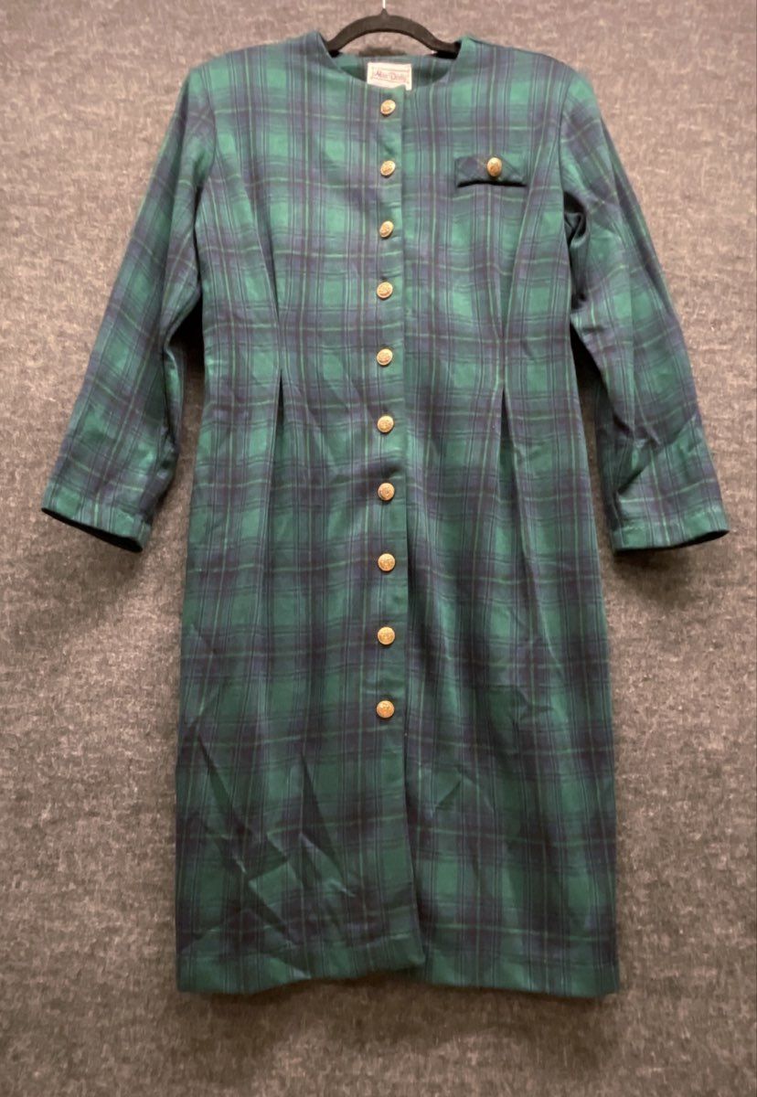Miss Dorby Vintage 80s Green Navy Tartan Plaid Button Dress
