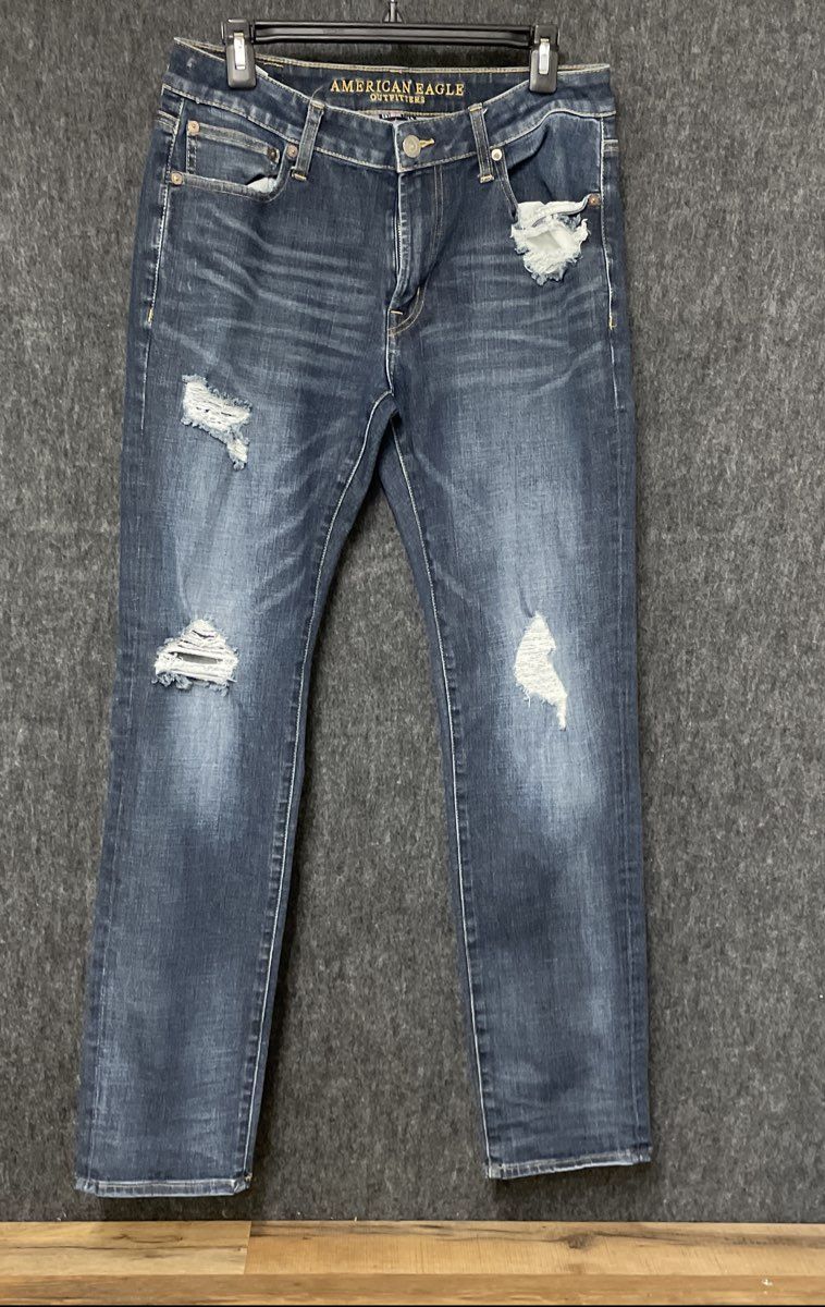 American Eagle Men's Extreme Flex 4 Jeans Dark Blue Distressed Ripped Sz 32x34