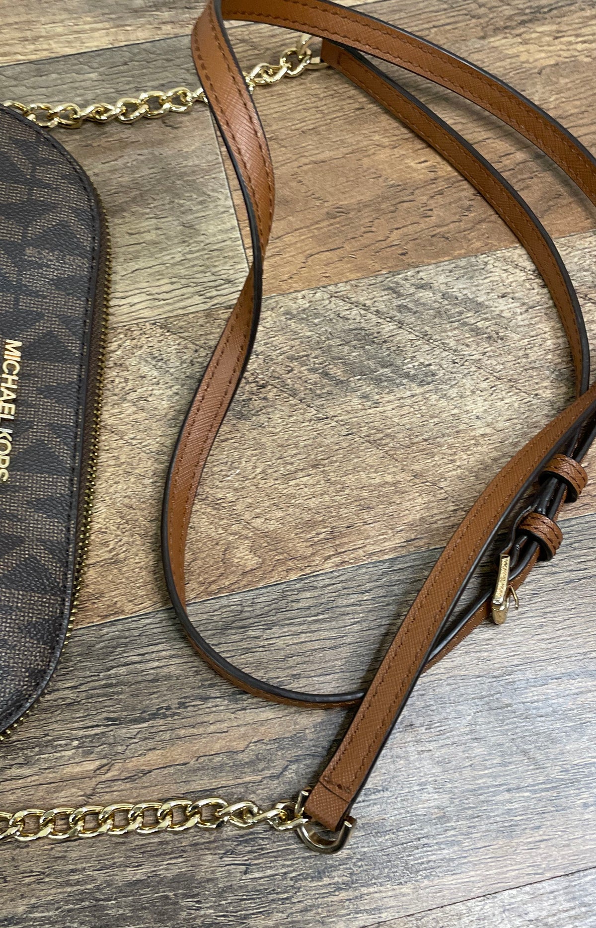 Michael Kors Brown Jet Set Travel Logo Dome Crossbody Bag Gold Hardware