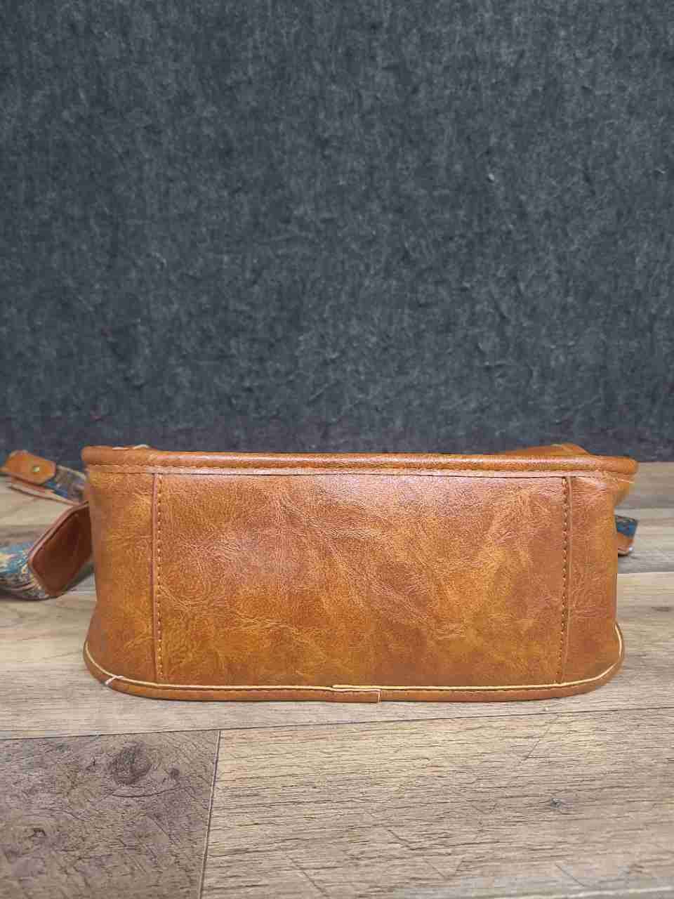 Tan Faux Leather Crossbody Bag with Colorful Patterned Guitar Strap Gold Tone