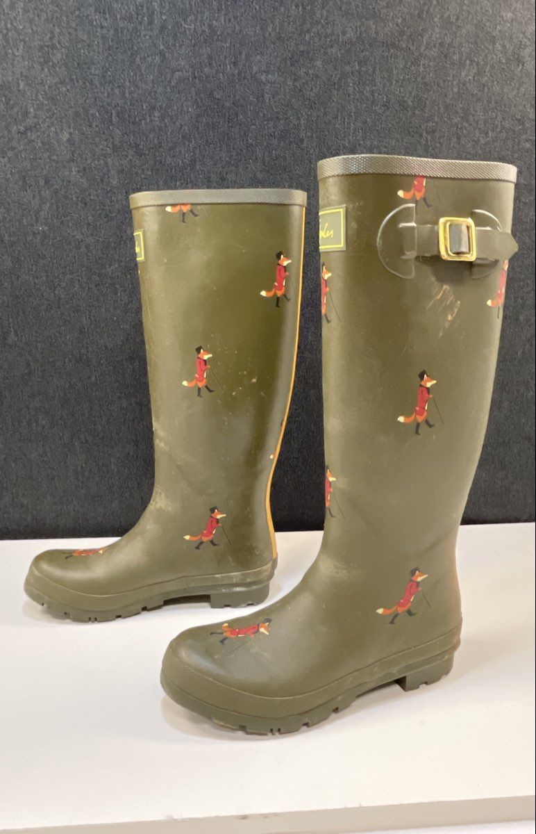 Joules Olive Green Mr Fox Print Tall Rubber Rain Boots Wellies Size 8