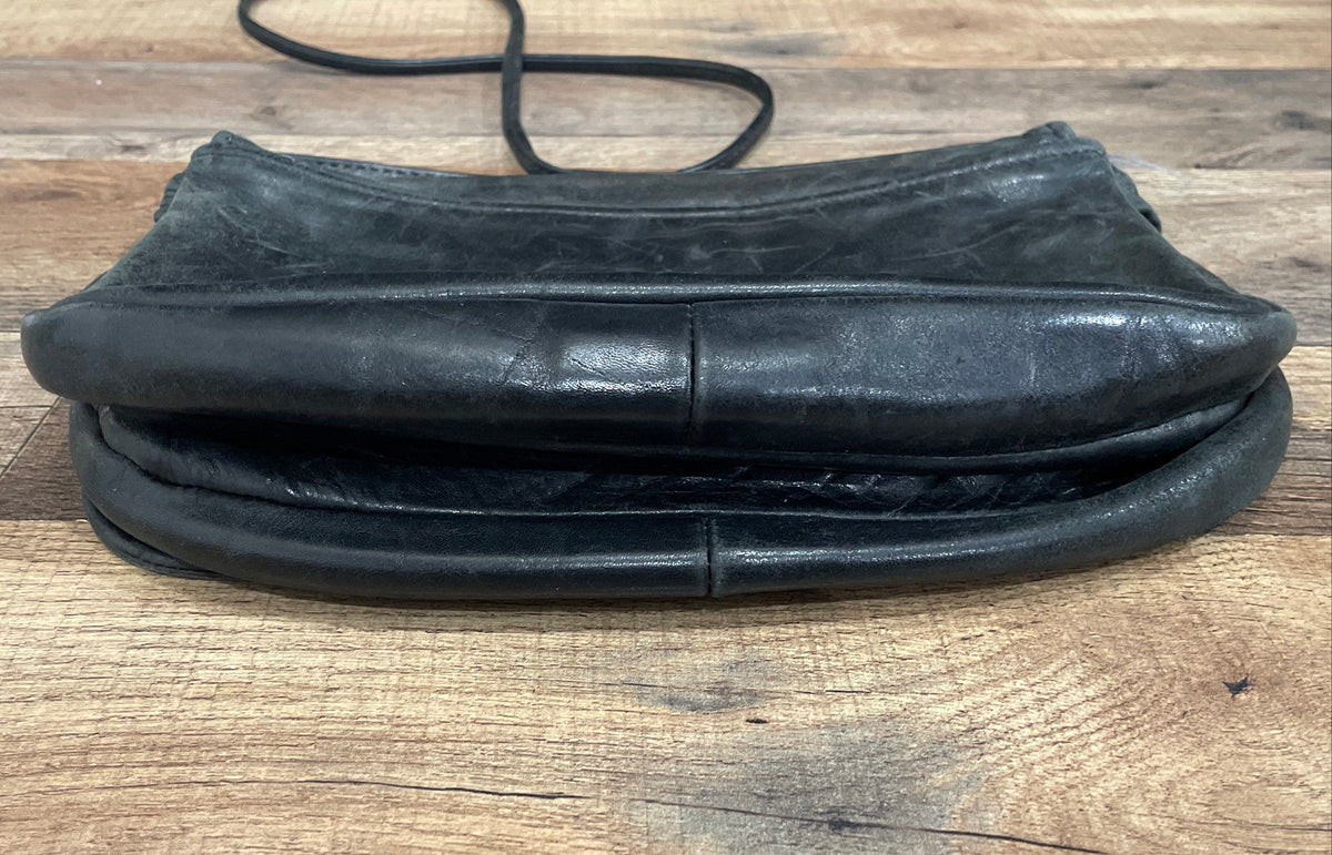 Vintage Black Leather Multi-Compartment Flap Shoulder Bag Crossbody