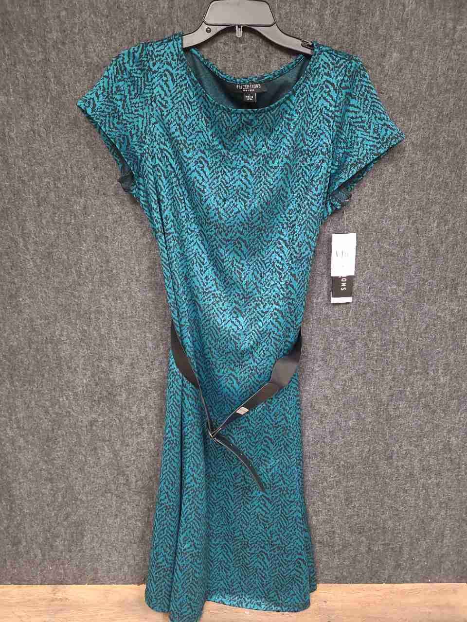 Perceptions Women's Teal Black Chevron Print Belted Cap Sleeve Dress Sz L NWT