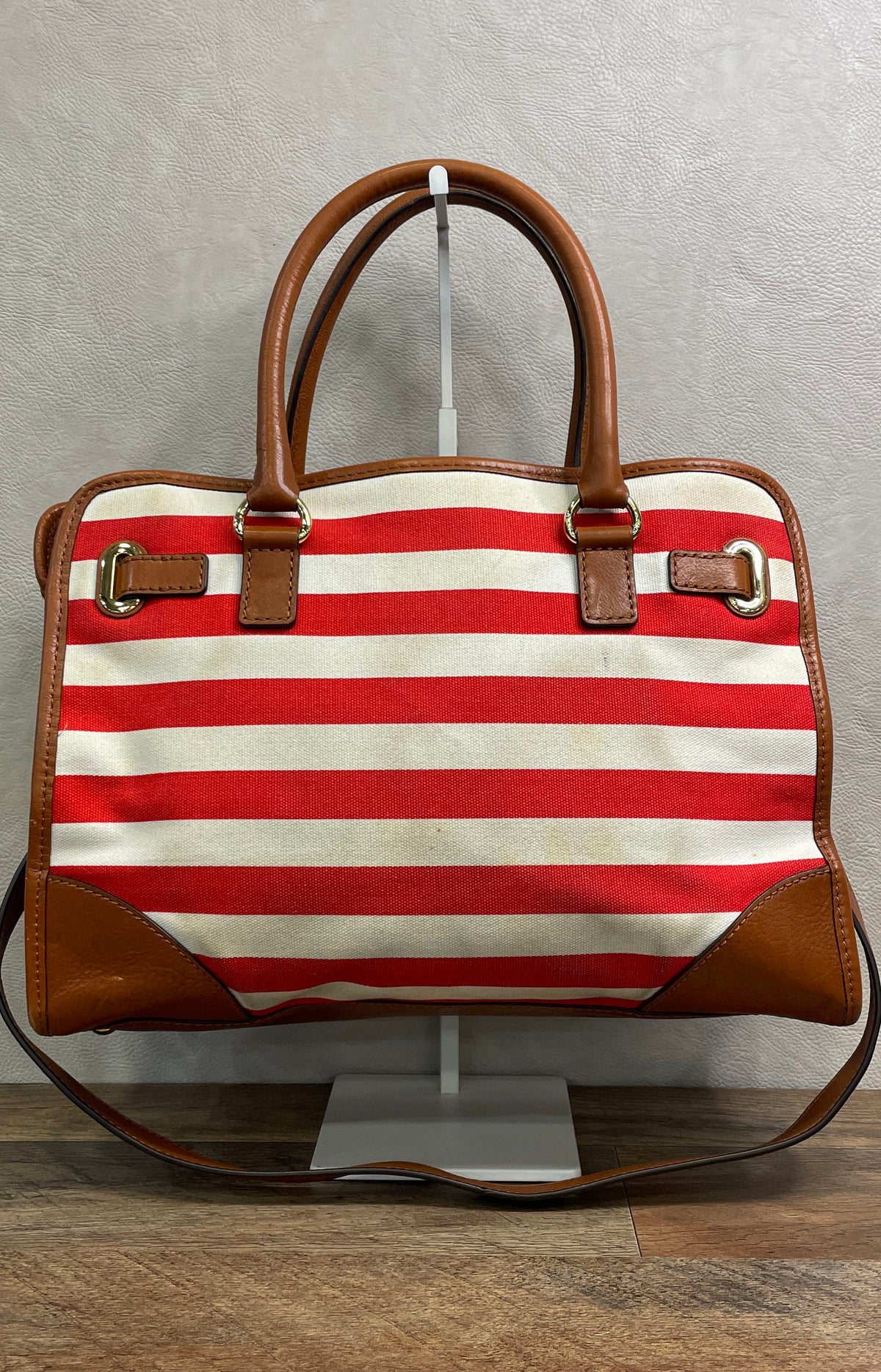 Michael Kors Red White Striped Canvas Leather Tote Satchel Bag Gold Hardware