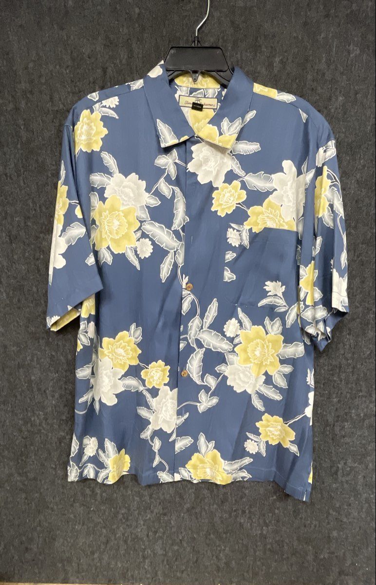 Vintage Y2K Tommy Bahama Men's Silk Hawaiian Camp Shirt Blue Floral Sz M