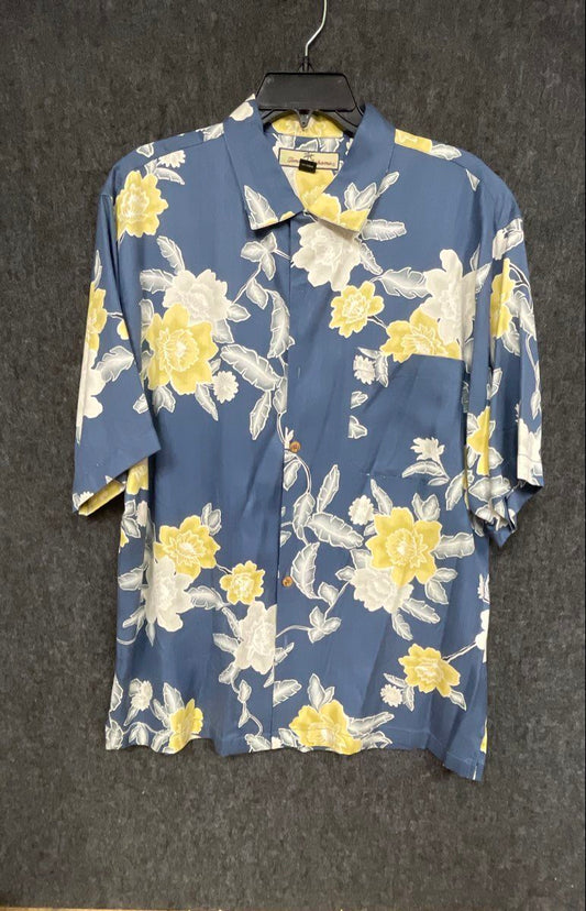 Vintage Y2K Tommy Bahama Men's Silk Hawaiian Camp Shirt Blue Floral Sz M