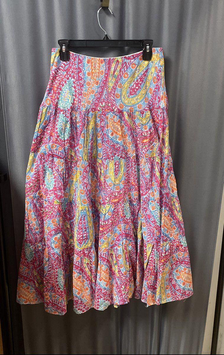 Lauren Ralph Lauren Women's Pink Paisley Floral Tiered Cotton Maxi Skirt Sz S