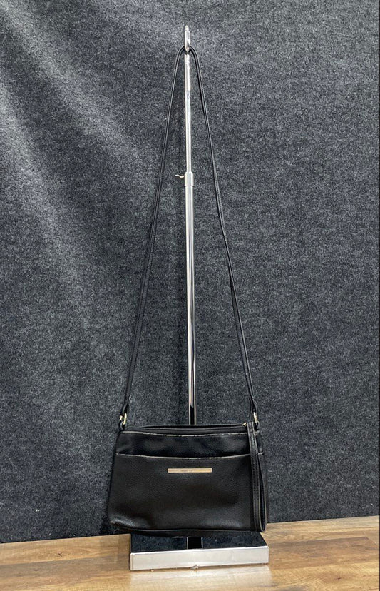 Vintage 90s Liz Claiborne Black Leather Mini Crossbody Bag Silver Tone