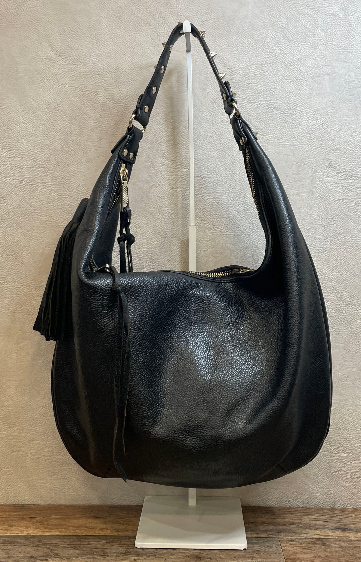 Rebecca Minkoff Black Pebbled Leather Hobo Bag Studded Gold Hardware Tassel