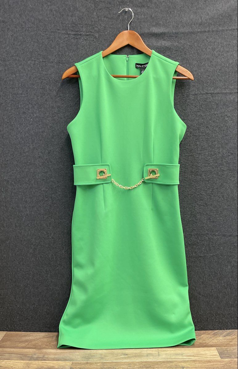 Halston Women's Green Sleeveless Sheath Dress Gold Chain Link Waist Sz 6 NWT