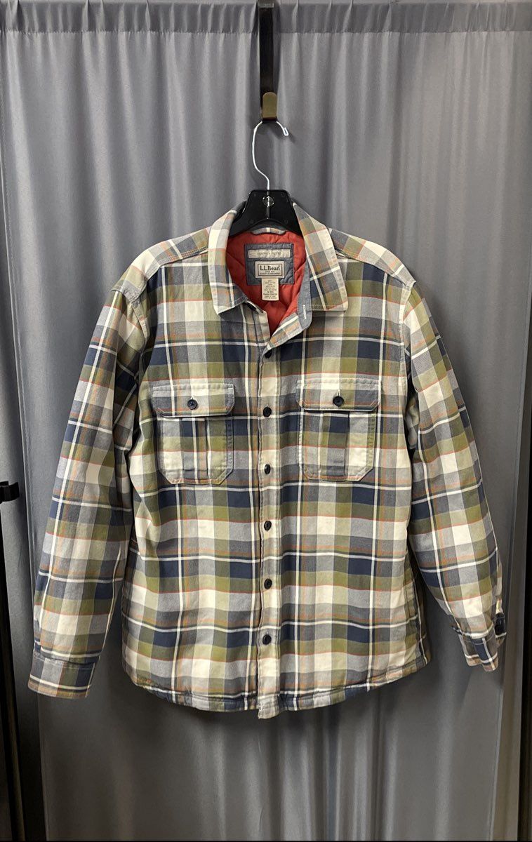 LL Bean Men's Green Blue Plaid Quilted Lined Flannel Shirt Jacket Sz M-Reg
