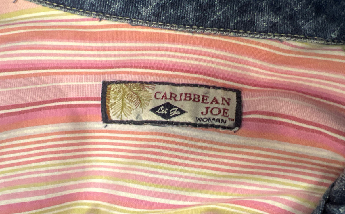 Caribbean Joe Women's Blue Denim Jacket Button Front Striped Trim Pockets