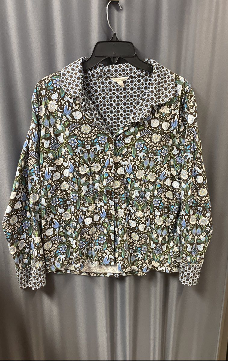Vera Bradley Women's Brown Blue Botanical Animal Print Cotton Shirt Size L