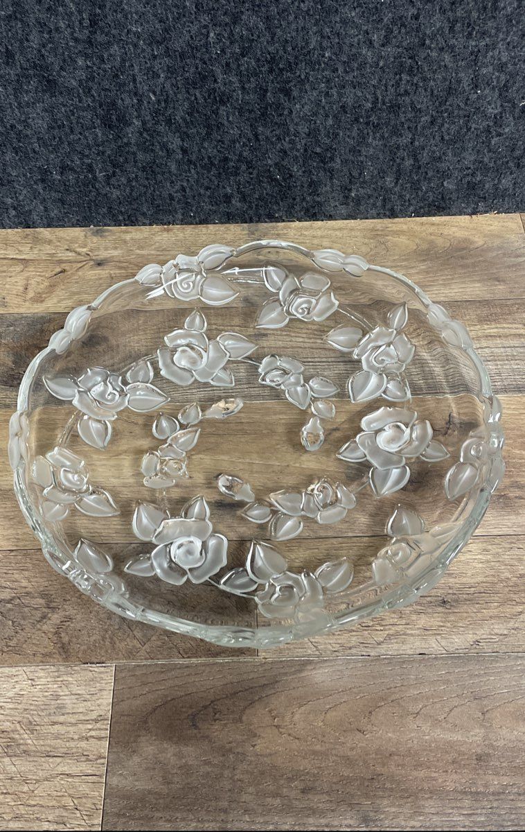 Pressed Glass Frosted Rose Floral Serving Platter & Divided Relish Tray Lot 2pc