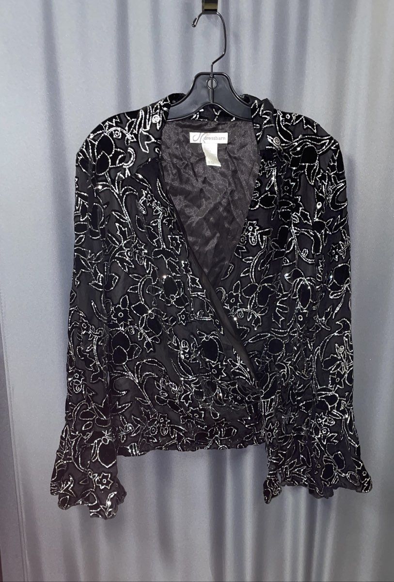 Vintage Y2K Dress Barn Women's Black Silver Silk Velvet Floral Wrap Shirt XL