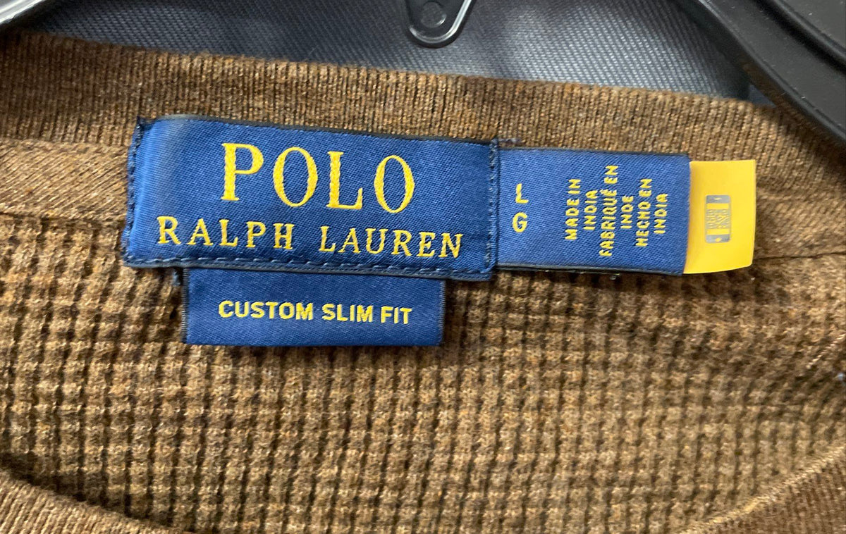 Polo Ralph Lauren Men's Brown Custom Slim Fit Waffle Knit Shirt Pony Logo Sz L