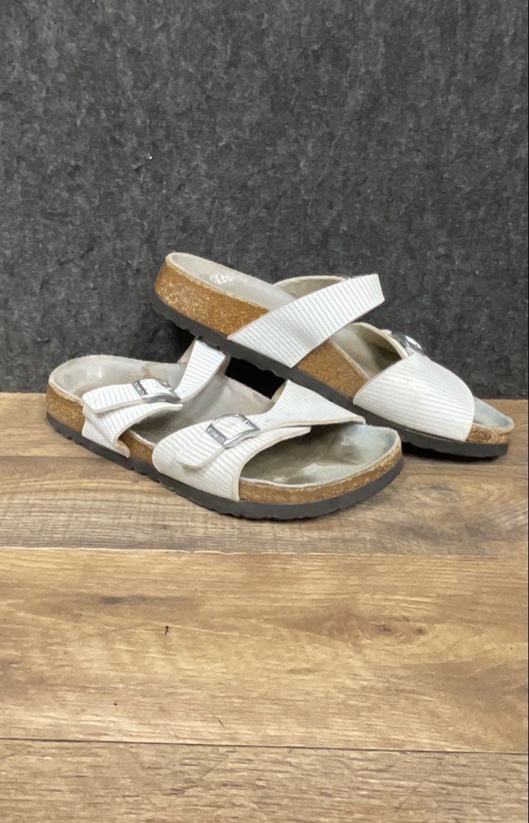 Birkenstock Salina White Ribbed Three Strap Slide Sandals Women's Size 8 EU 39