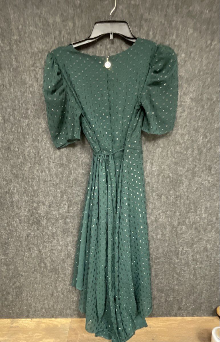 Tommy Hilfiger Women's Green Metallic Dot Puff Sleeve Wrap Dress Sz 4P