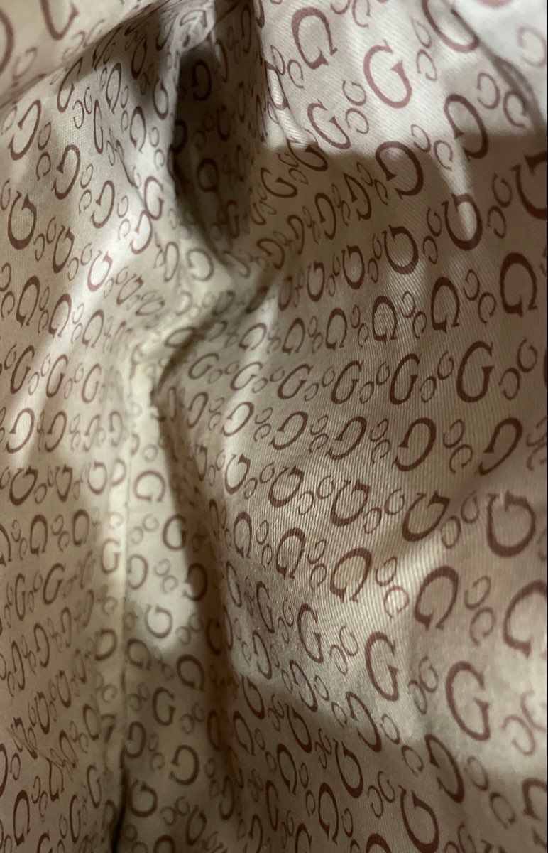 Guess Brown Leather Monogram Satchel Handbag Crossbody Bag Tan Trim